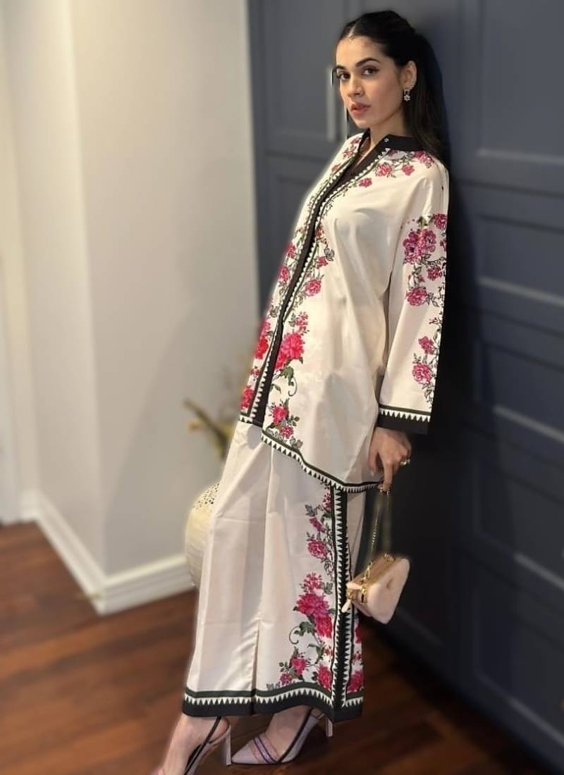 off-white rayon printed short kurti set without dupatta daily wear