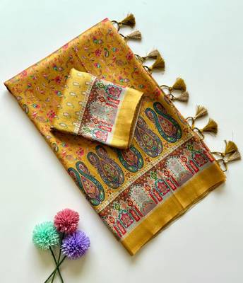 Yellow Color Pashmina Jaqurad Work Dola Silk Blend Saree 1