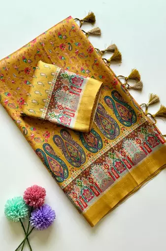 Yellow Color Pashmina Jaqurad Work Dola Silk Blend Saree