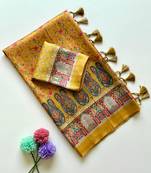 Yellow Color Pashmina Jaqurad Work Dola Silk Blend Saree