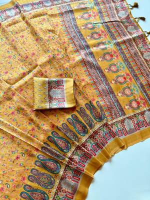 Yellow Color Pashmina Jaqurad Work Dola Silk Blend Saree 2