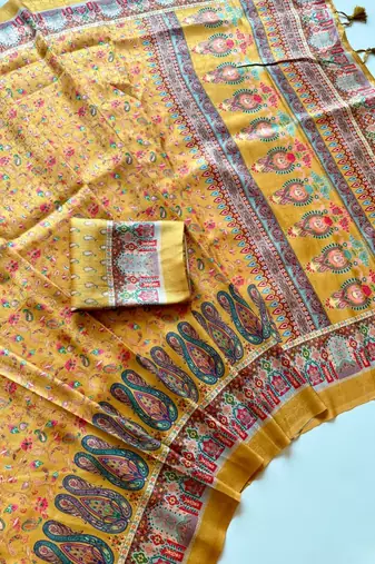 Yellow Color Pashmina Jaqurad Work Dola Silk Blend Saree
