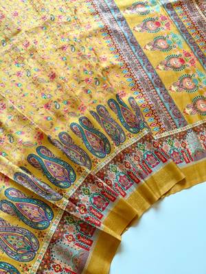 Yellow Color Pashmina Jaqurad Work Dola Silk Blend Saree 3