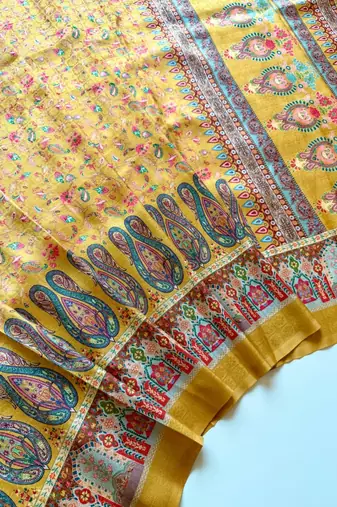 Yellow Color Pashmina Jaqurad Work Dola Silk Blend Saree
