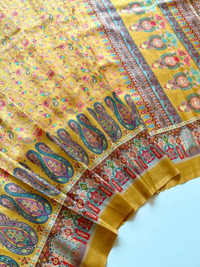 Yellow Color Pashmina Jaqurad Work Dola Silk Blend Saree