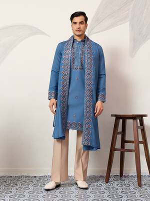 Blue viscose silk thread with sequence embroidered work kurta dupatta 1