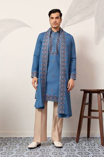 Blue viscose silk thread with sequence embroidered work kurta dupatta