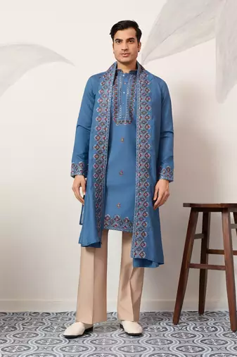 Blue viscose silk thread with sequence embroidered work kurta dupatta
