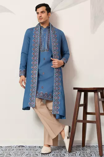 Blue viscose silk thread with sequence embroidered work kurta dupatta