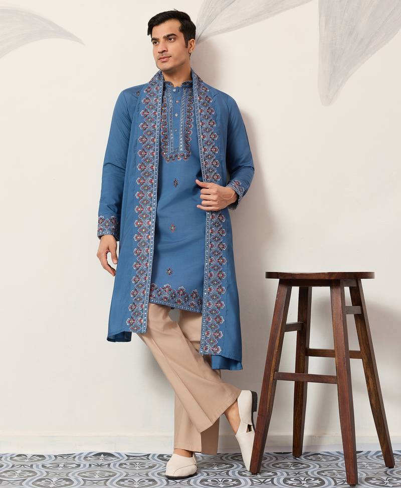 Blue viscose silk thread with sequence embroidered work kurta dupatta
