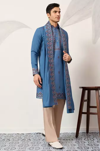 Blue viscose silk thread with sequence embroidered work kurta dupatta