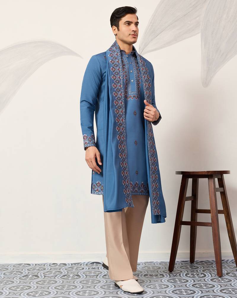 Blue viscose silk thread with sequence embroidered work kurta dupatta