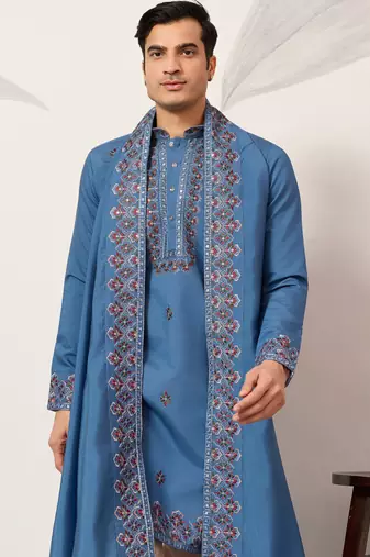Blue viscose silk thread with sequence embroidered work kurta dupatta