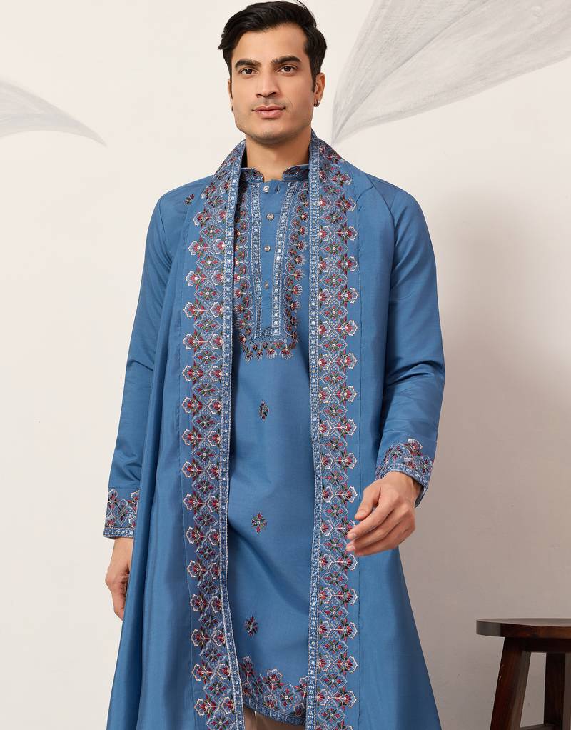 Blue viscose silk thread with sequence embroidered work kurta dupatta