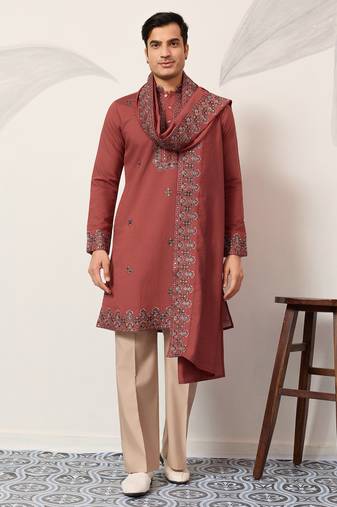 Orange viscose silk thread with sequence embroidered work kurta dupatta