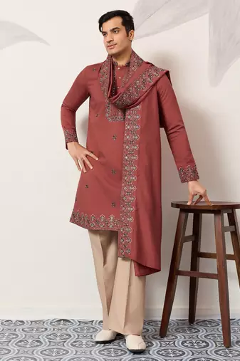 Orange viscose silk thread with sequence embroidered work kurta dupatta