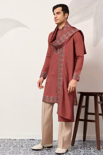 Orange viscose silk thread with sequence embroidered work kurta dupatta