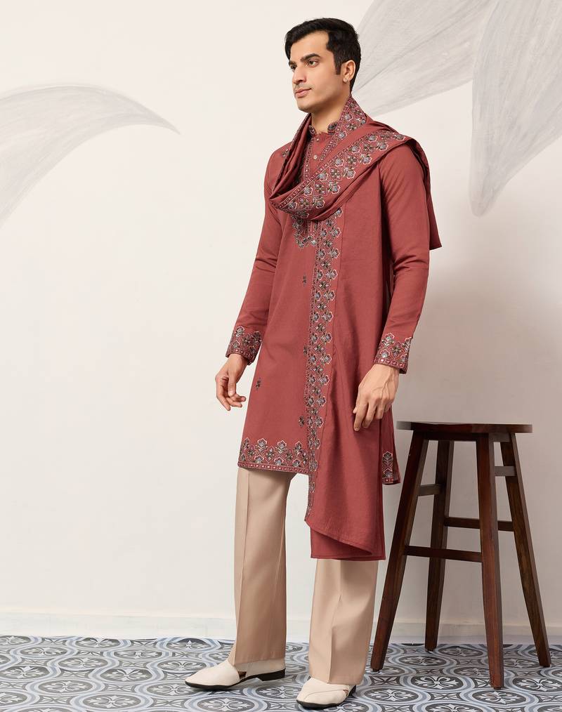 Orange viscose silk thread with sequence embroidered work kurta dupatta