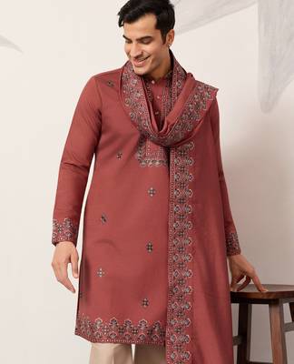 Orange viscose silk thread with sequence embroidered work kurta dupatta 4