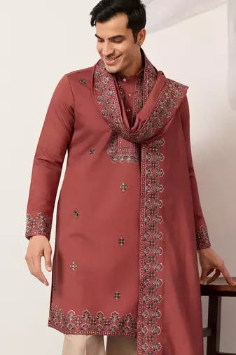 Orange viscose silk thread with sequence embroidered work kurta dupatta
