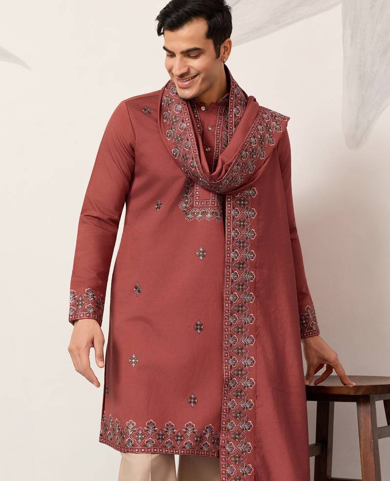 Orange viscose silk thread with sequence embroidered work kurta dupatta