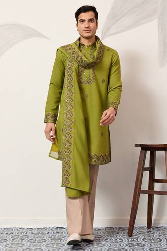 Fluorescent green viscose silk thread with sequence embroidered work kurta dupatta