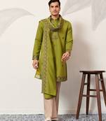 Fluorescent green viscose silk thread with sequence embroidered work kurta dupatta