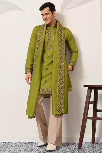Fluorescent green viscose silk thread with sequence embroidered work kurta dupatta