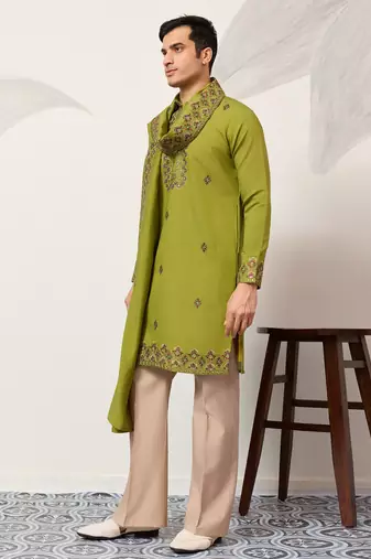 Fluorescent green viscose silk thread with sequence embroidered work kurta dupatta