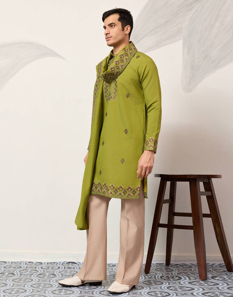 Fluorescent green viscose silk thread with sequence embroidered work kurta dupatta