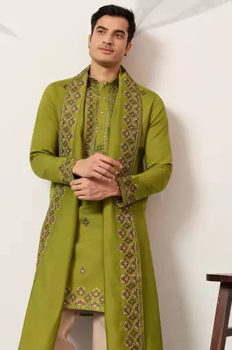 Fluorescent green viscose silk thread with sequence embroidered work kurta dupatta