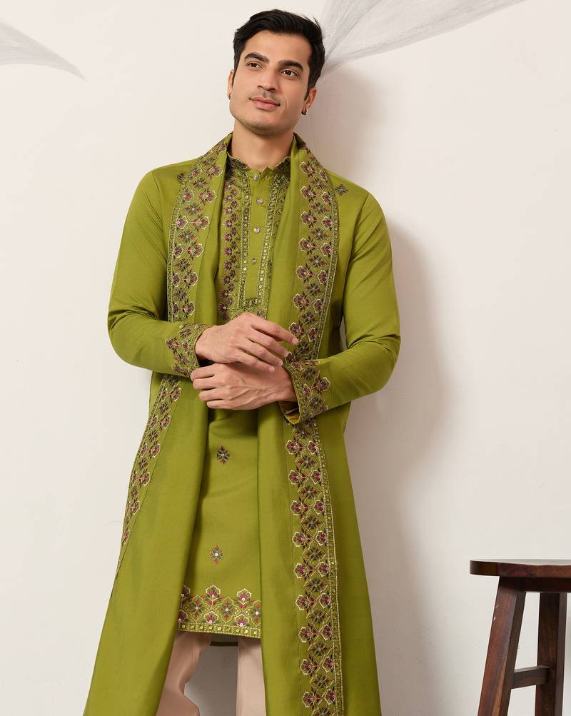 Fluorescent green viscose silk thread with sequence embroidered work kurta dupatta