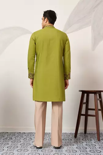 Fluorescent green viscose silk thread with sequence embroidered work kurta dupatta