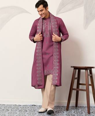 Pink viscose silk thread with sequence embroidered work kurta dupatta 1