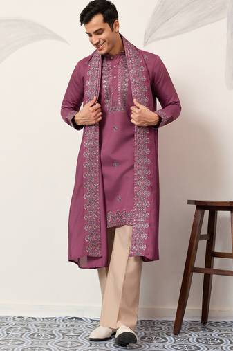 Pink viscose silk thread with sequence embroidered work kurta dupatta