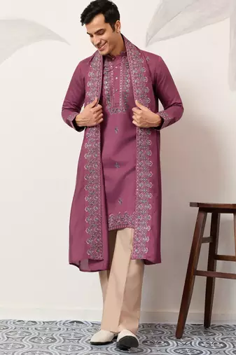 Pink viscose silk thread with sequence embroidered work kurta dupatta