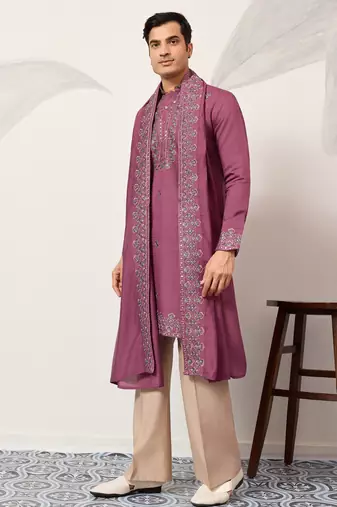 Pink viscose silk thread with sequence embroidered work kurta dupatta