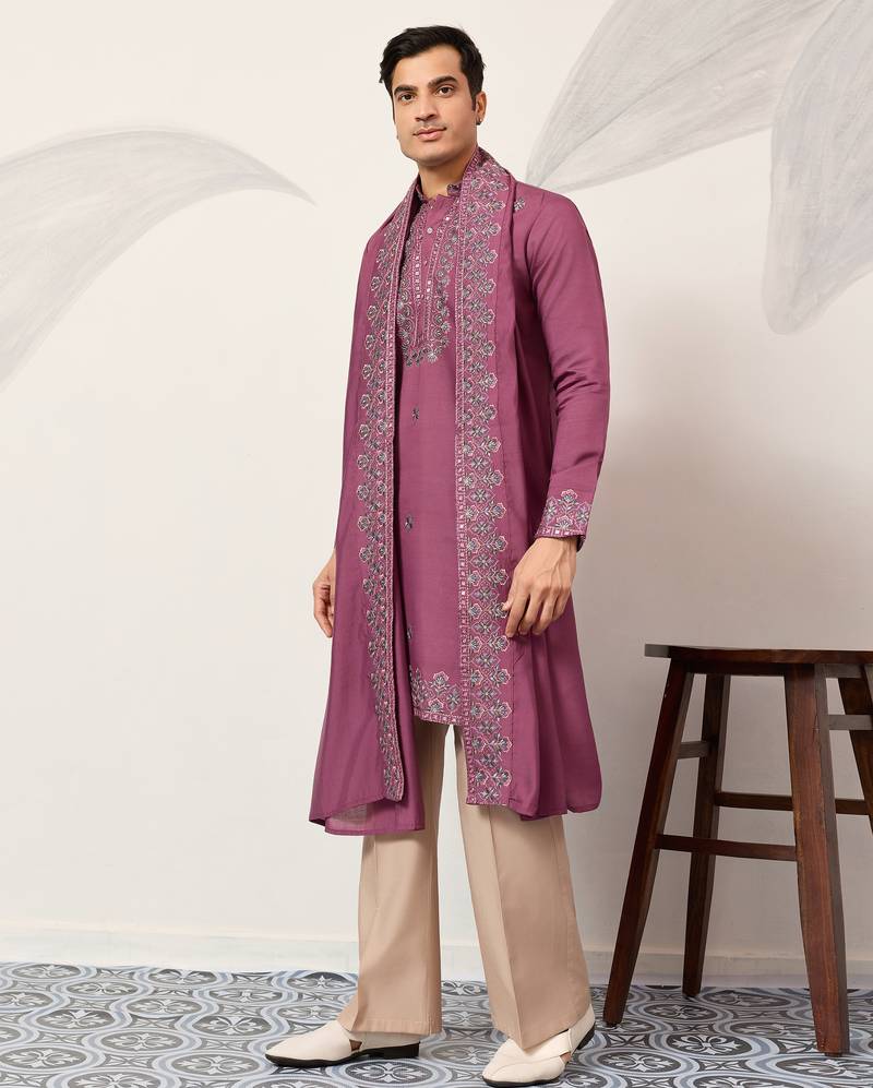Pink viscose silk thread with sequence embroidered work kurta dupatta