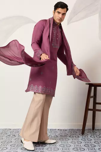 Pink viscose silk thread with sequence embroidered work kurta dupatta