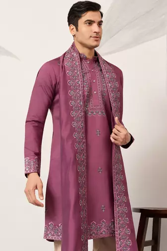 Pink viscose silk thread with sequence embroidered work kurta dupatta