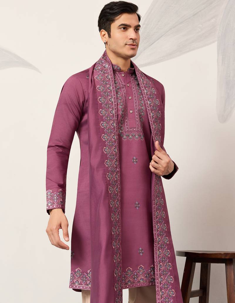 Pink viscose silk thread with sequence embroidered work kurta dupatta