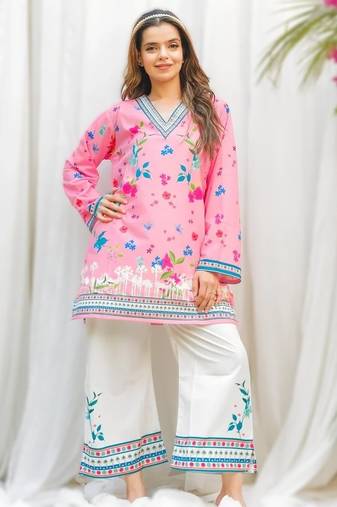 light pink rayon printed short kurti set for daily wear no dupatta