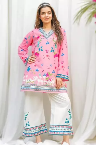 light pink rayon printed short kurti set for daily wear no dupatta