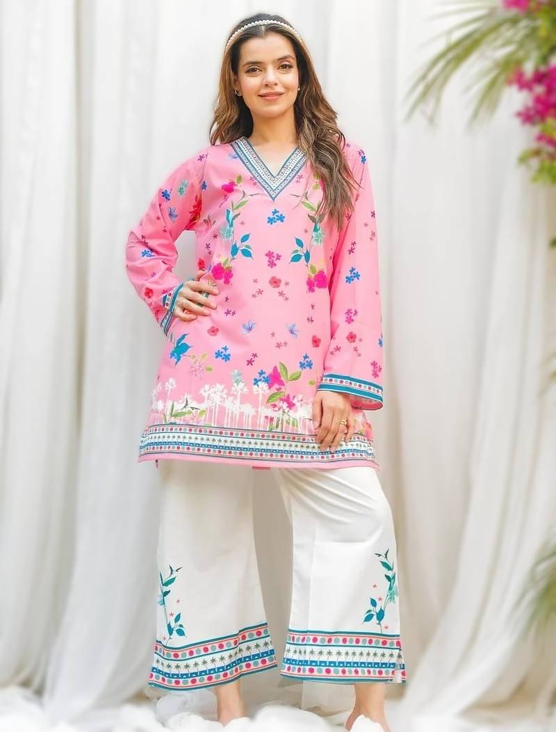 light pink rayon printed short kurti set for daily wear no dupatta