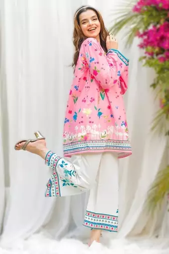 light pink rayon printed short kurti set for daily wear no dupatta