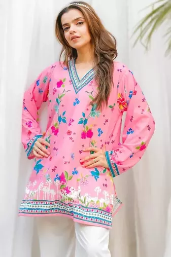 light pink rayon printed short kurti set for daily wear no dupatta