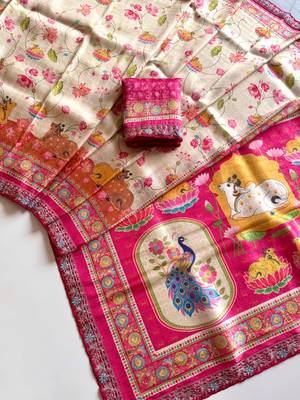 Off White Color Pashmina Jaqurad Weaving Work Dola Silk Saree 2