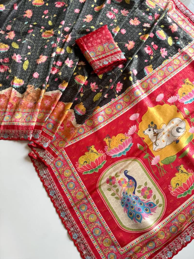 Black Color Pashmina Jaqurad Weaving Work Dola Silk Blend Saree