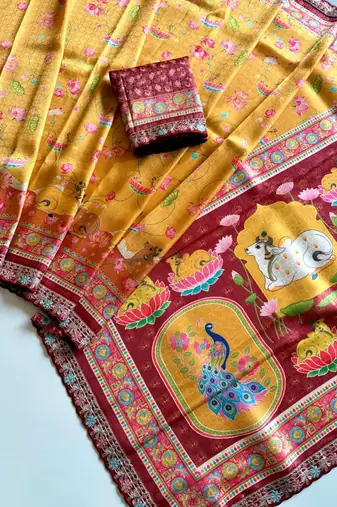Yellow Color Pashmina Jaqurad Weaving Work Dola Silk Blend Saree
