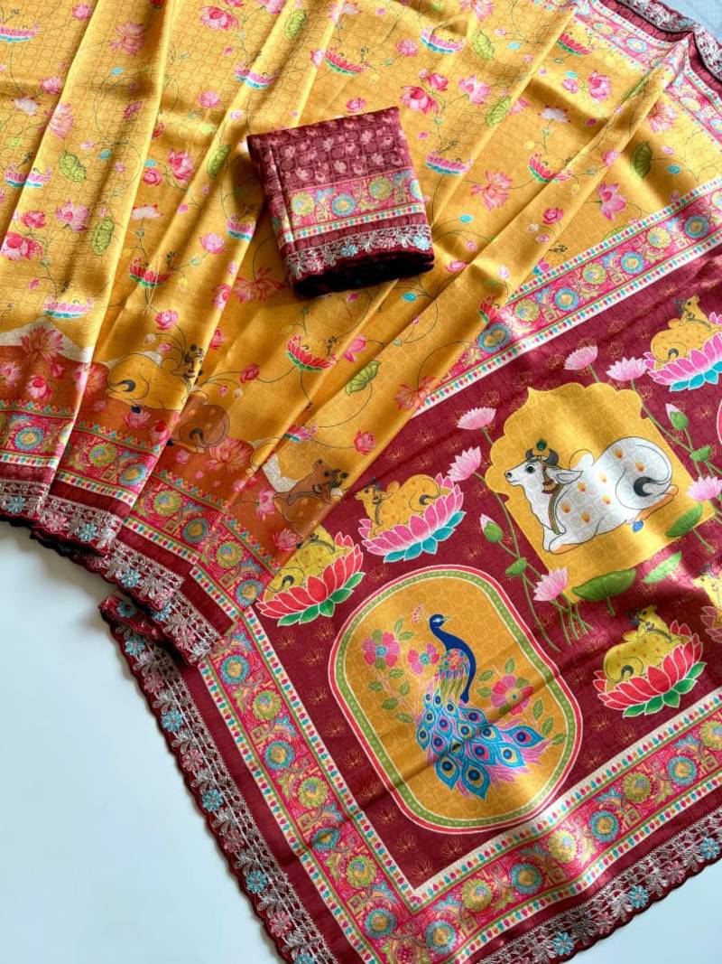 Yellow Color Pashmina Jaqurad Weaving Work Dola Silk Blend Saree